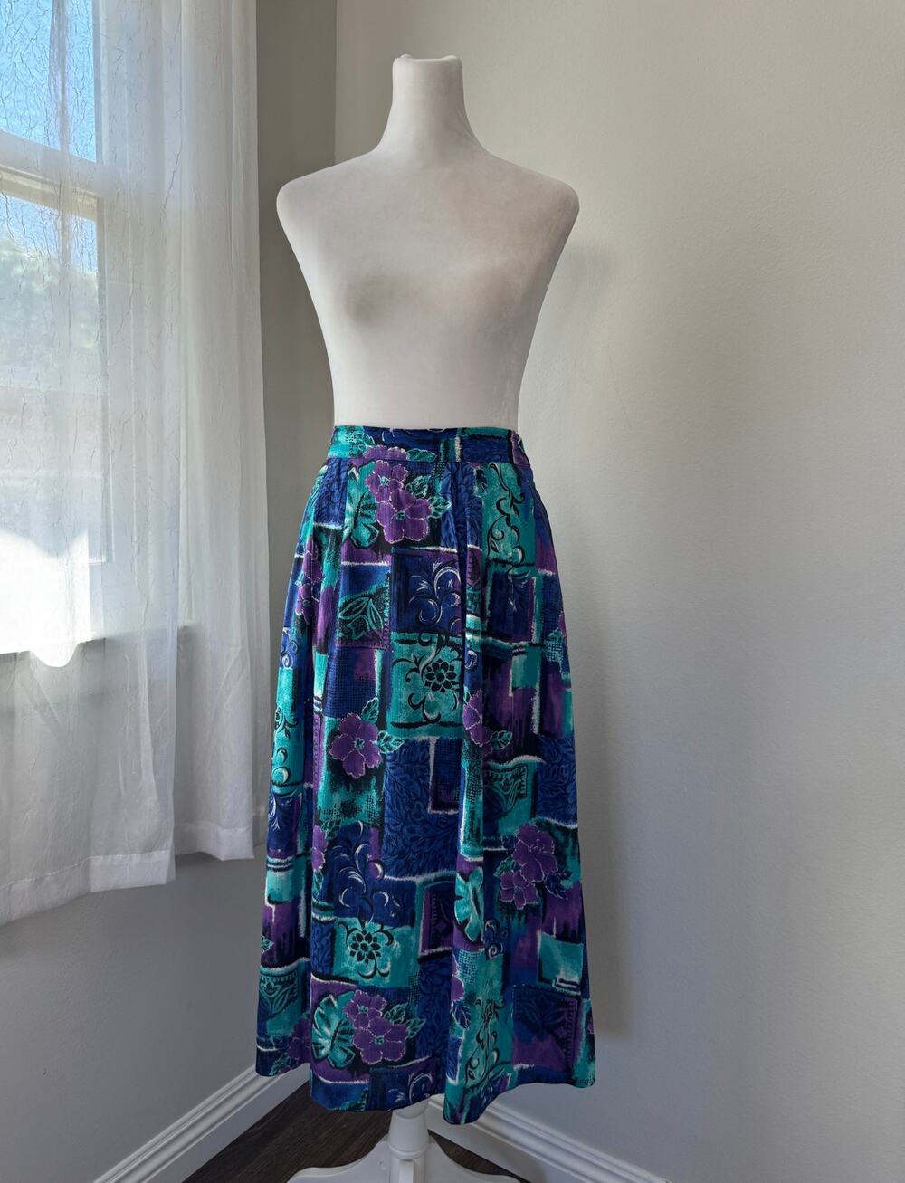Vintage ‘90s Jessica Scott Purple, Blue & Teal Floral Print Midi Skirt